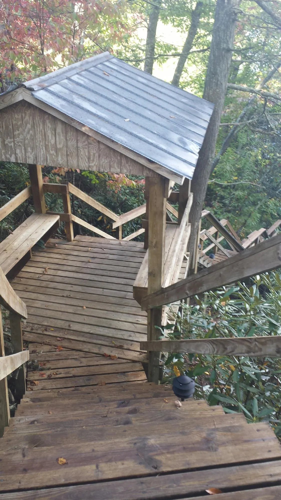 Metal roofed shelter over wooden steps on a wooded walkway — Skylight Repair & Installation work by our crew in Tecumseh